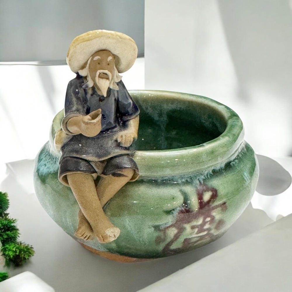 Chinese Mudman Clay Figure Trinket Dish Vintage Glaze Finish Potery